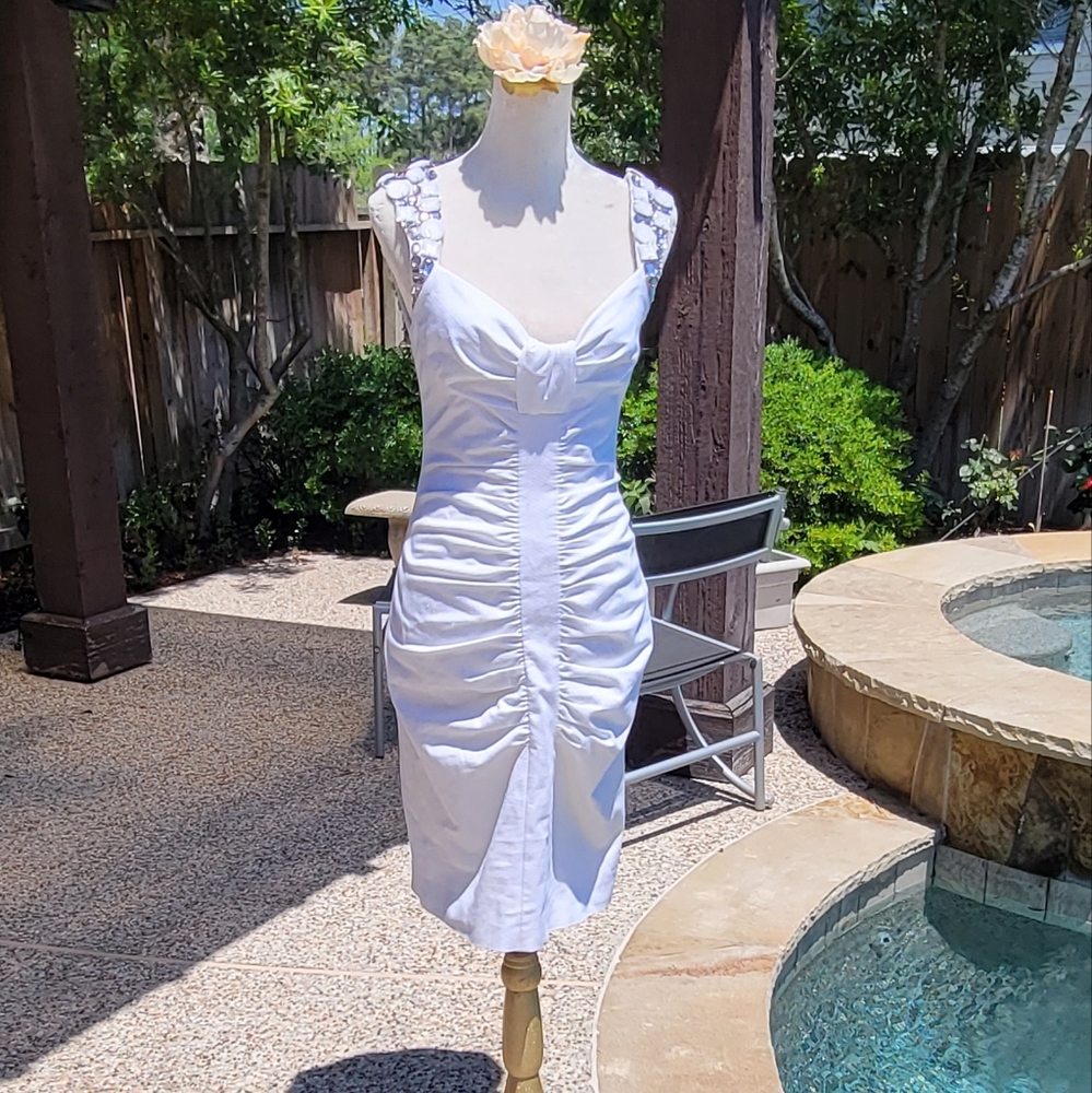 White Midi Dress with Ruched Front and Decorative Straps